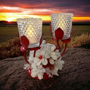 Vintage Amico Christmas Candle Votive Holder Kitschy Metal Plastic Flowers 1977.